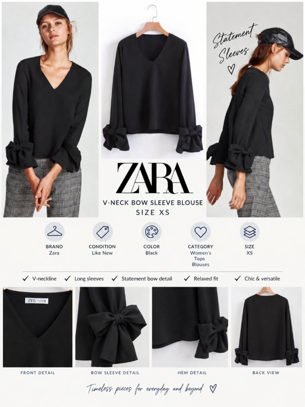 Zara Black V-Neck Statement Bow Sleeve Blouse Top XS